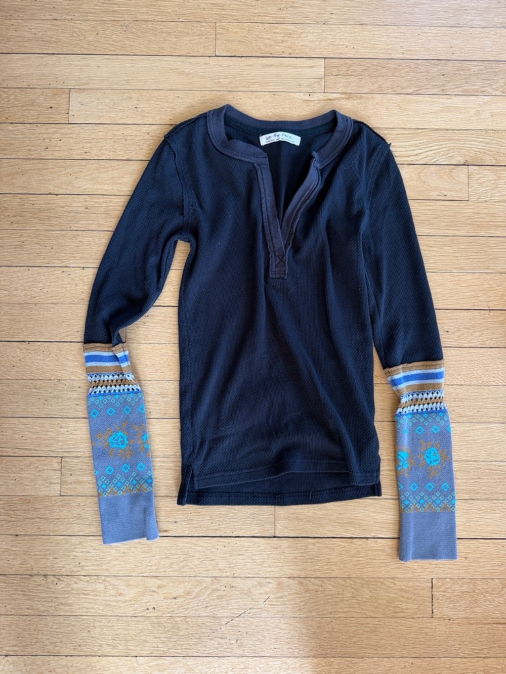 Free People Black Henley Top with Patterned Blue and Tan Cuffs